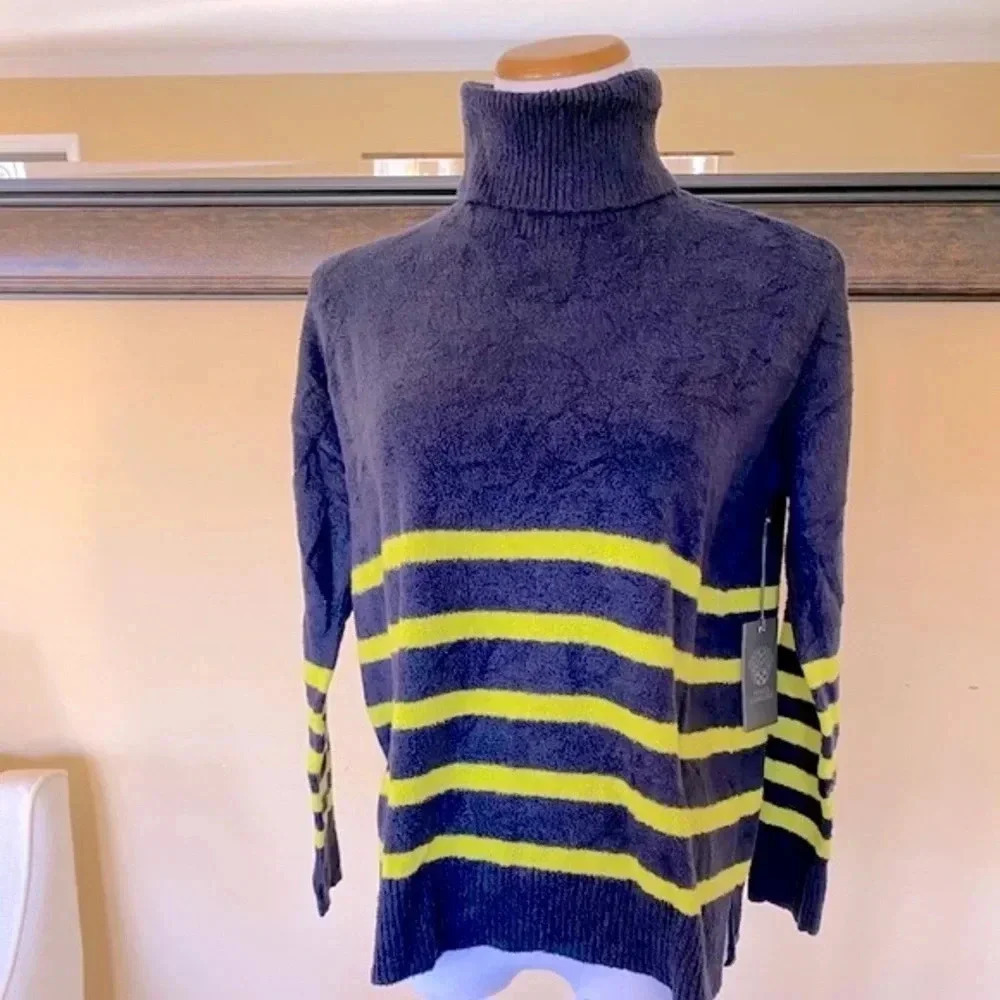 Vince Camuto NWT Navy Blue & Neon Yellow Striped Fuzzy Turtleneck Sweater M - Picture 3 of 10